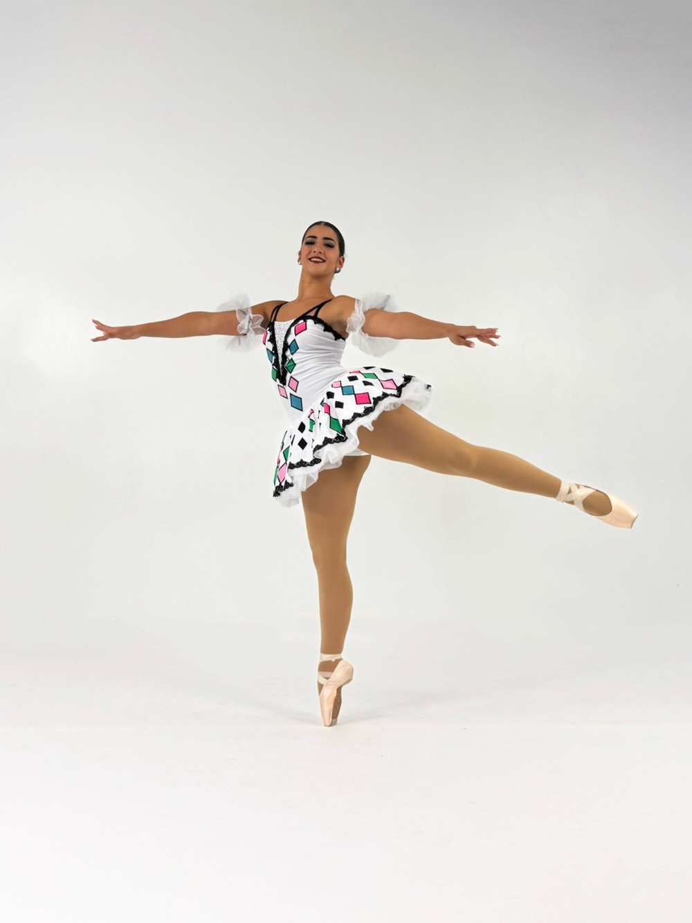 Weissman White Ballet Costume with Pink, Teal & Black Accents